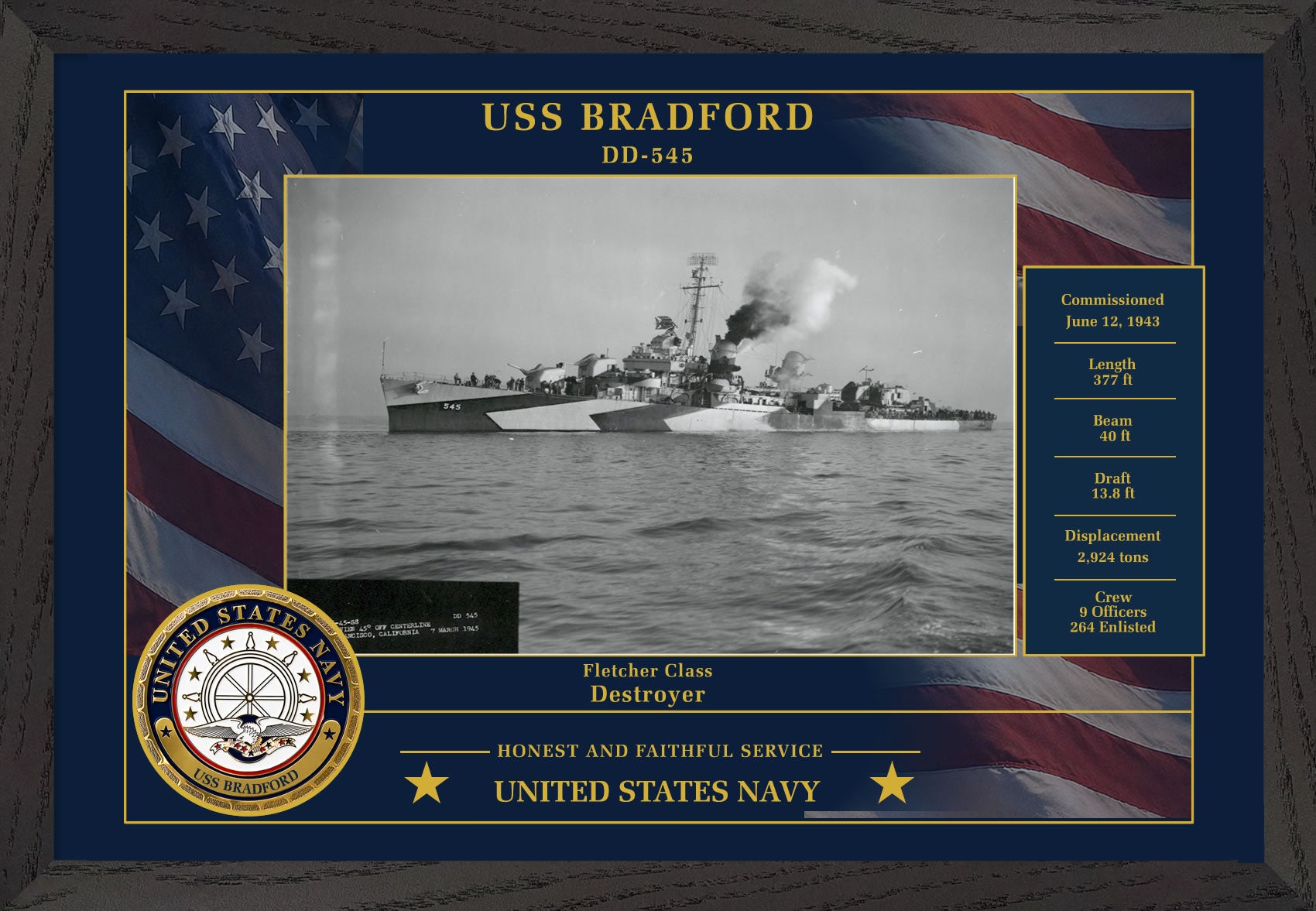 USS Bradford DD-545 Framed Patriotic Photo