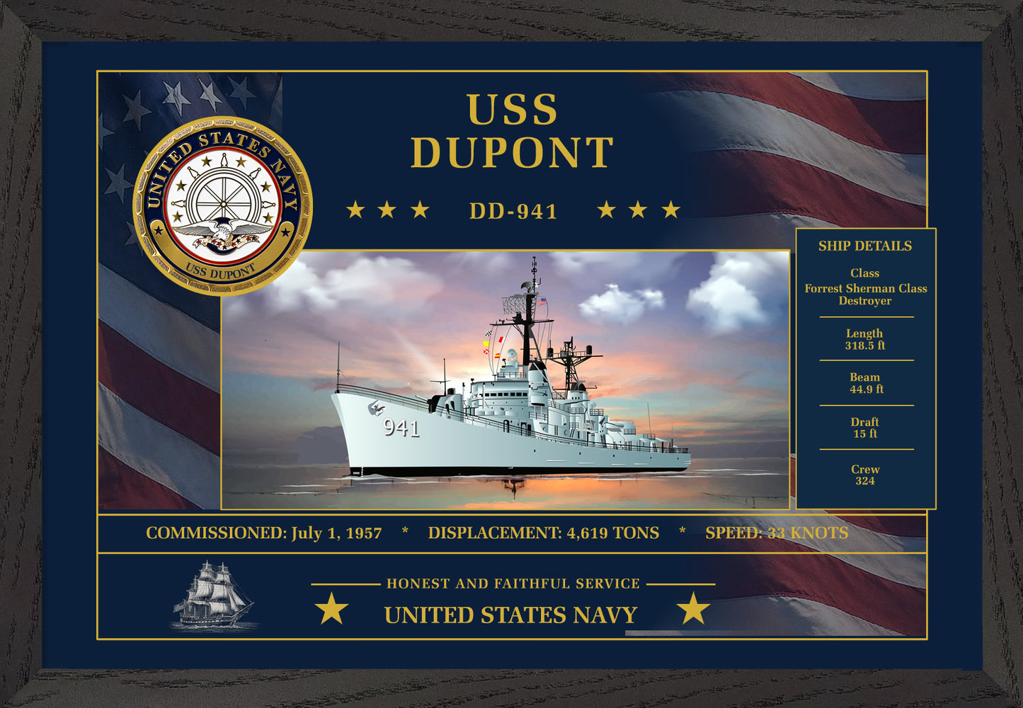 USS Dupont DD-941 Framed Patriotic Art