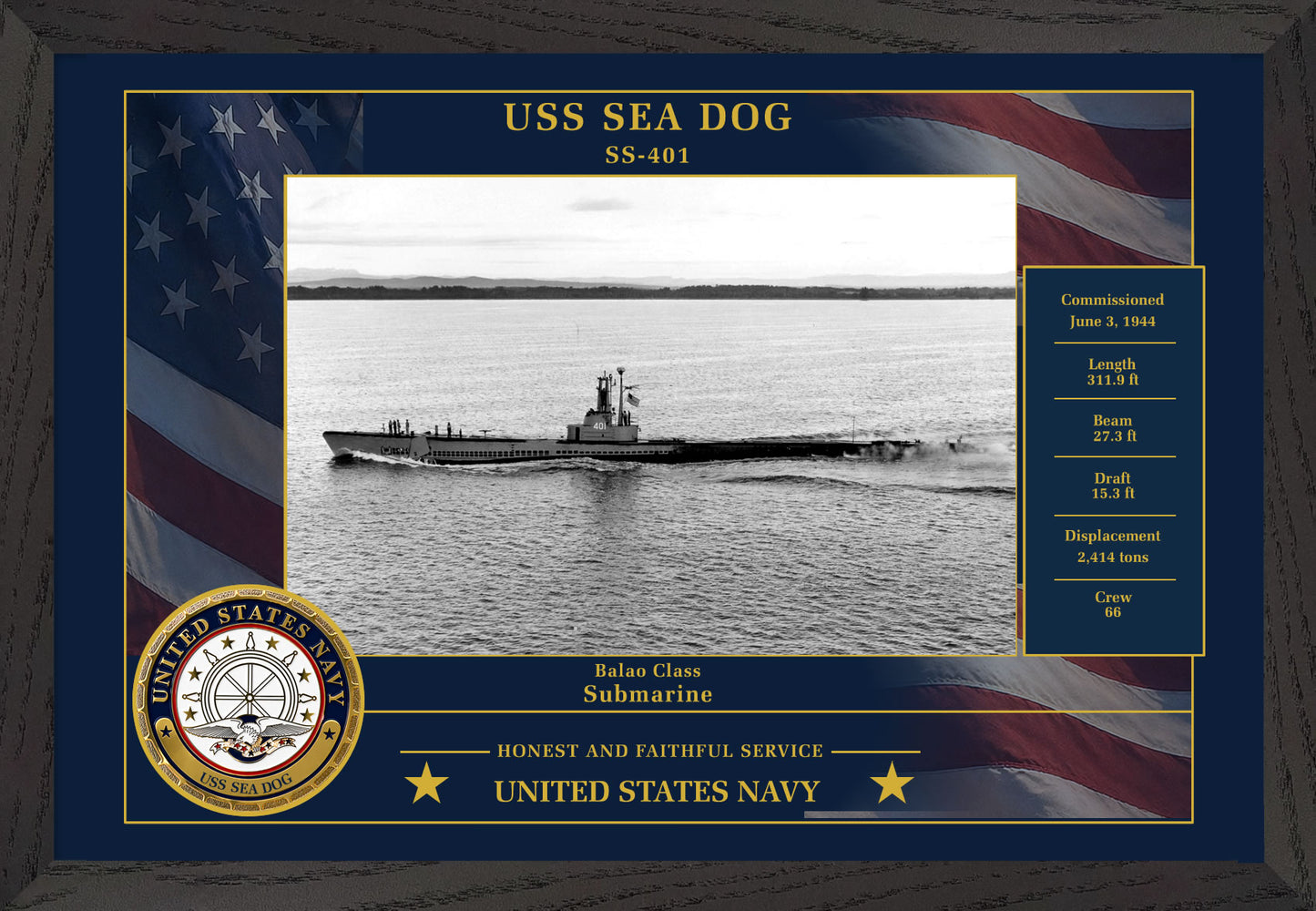 USS Sea Dog SS-401 Framed Patriotic Photo