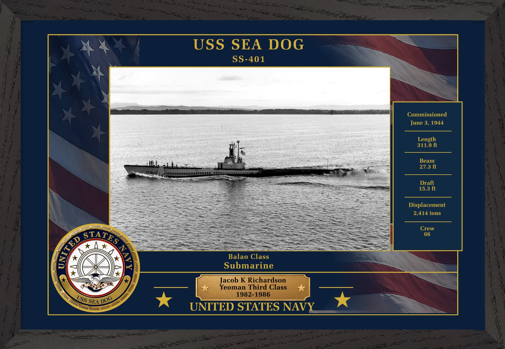 USS Sea Dog SS-401 Framed Patriotic Photo