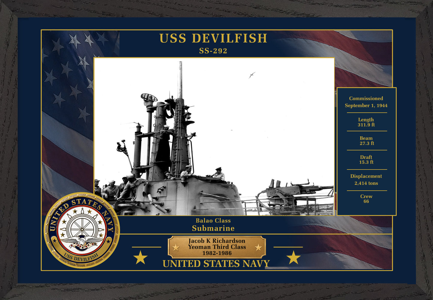 USS Devilfish SS-292 Framed Patriotic Photo