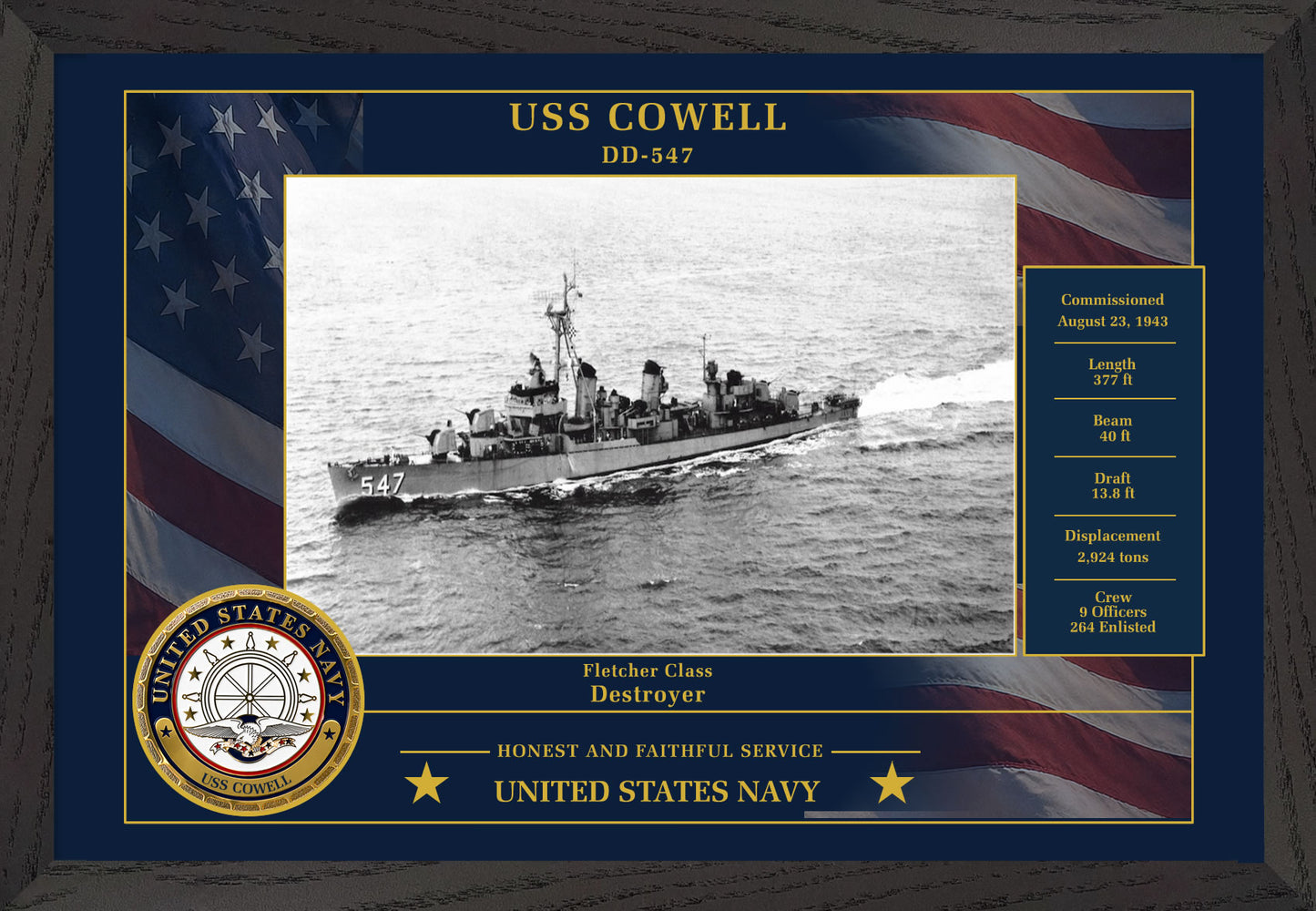 USS Cowell DD-547 Framed Patriotic Photo