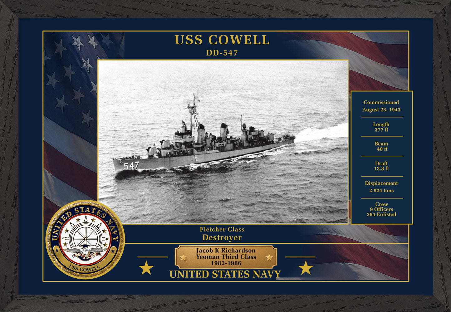USS Cowell DD-547 Framed Patriotic Photo