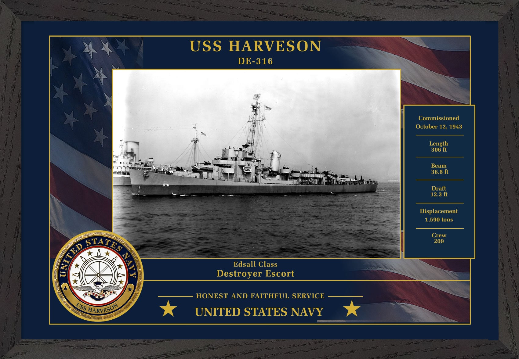 USS Harveson DE-316 Framed Patriotic Photo