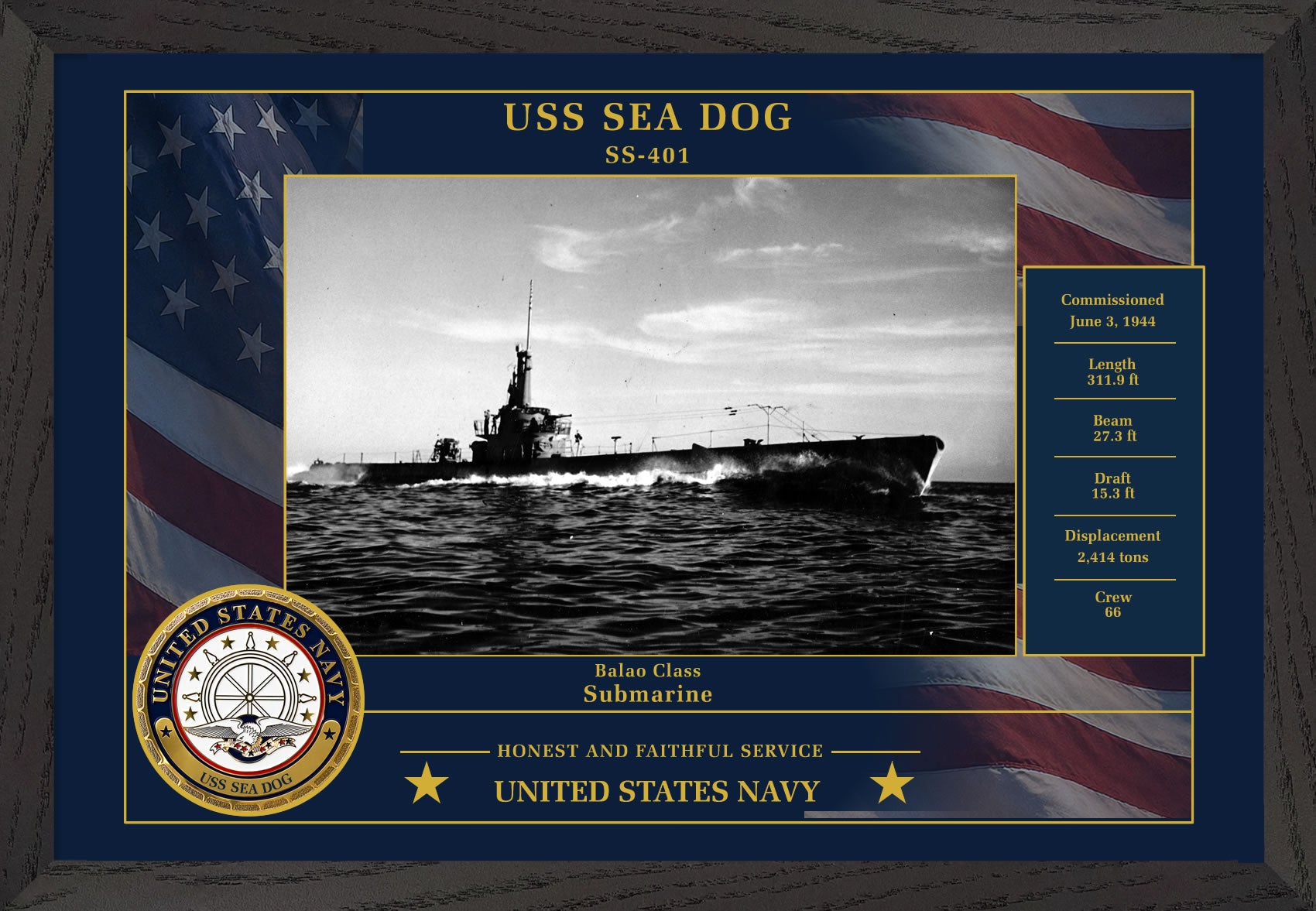 USS Sea Dog SS-401 Framed Patriotic Photo