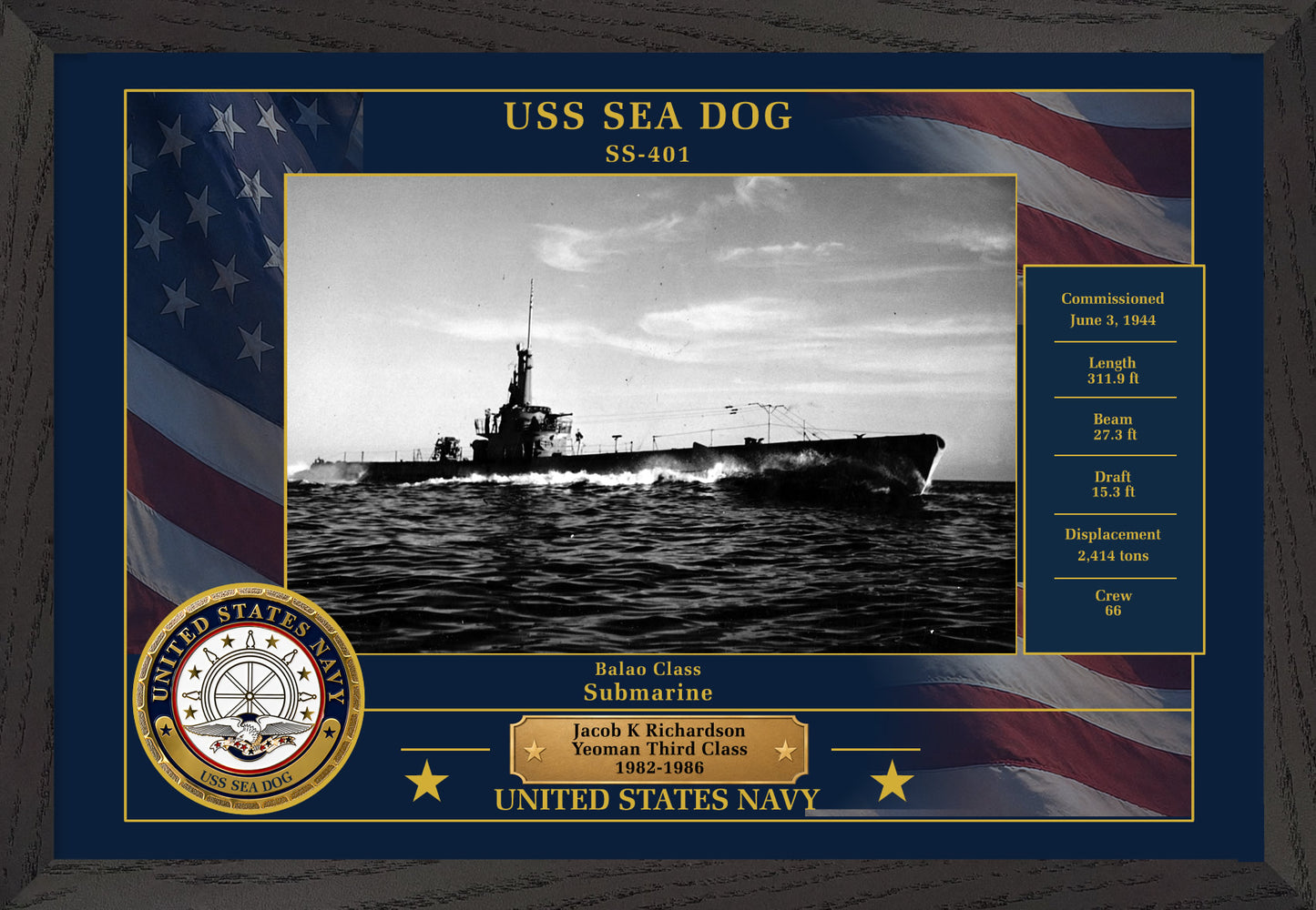 USS Sea Dog SS-401 Framed Patriotic Photo