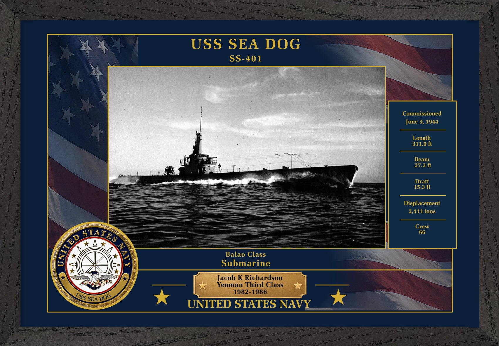 USS Sea Dog SS-401 Framed Patriotic Photo