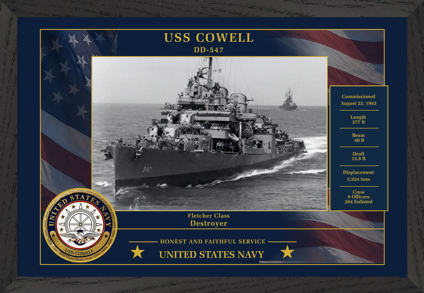 USS Cowell DD-547 Framed Patriotic Photo
