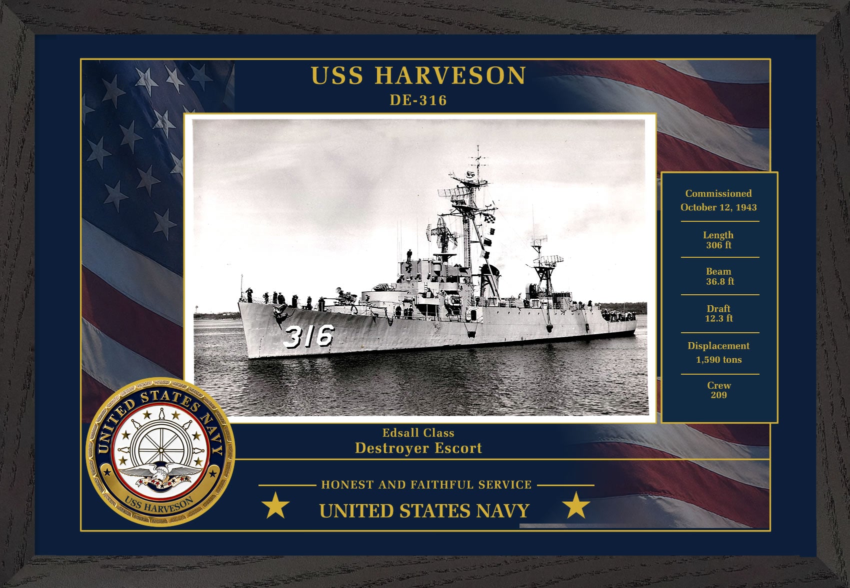 USS Harveson DE-316 Framed Patriotic Photo
