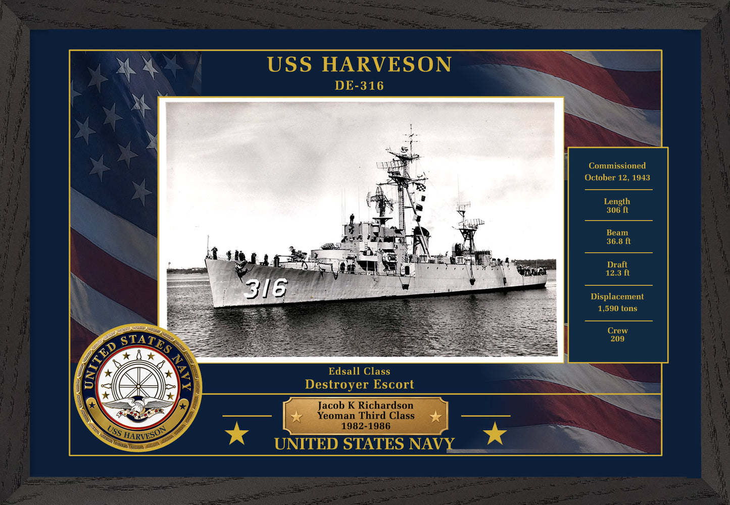 USS Harveson DE-316 Framed Patriotic Photo