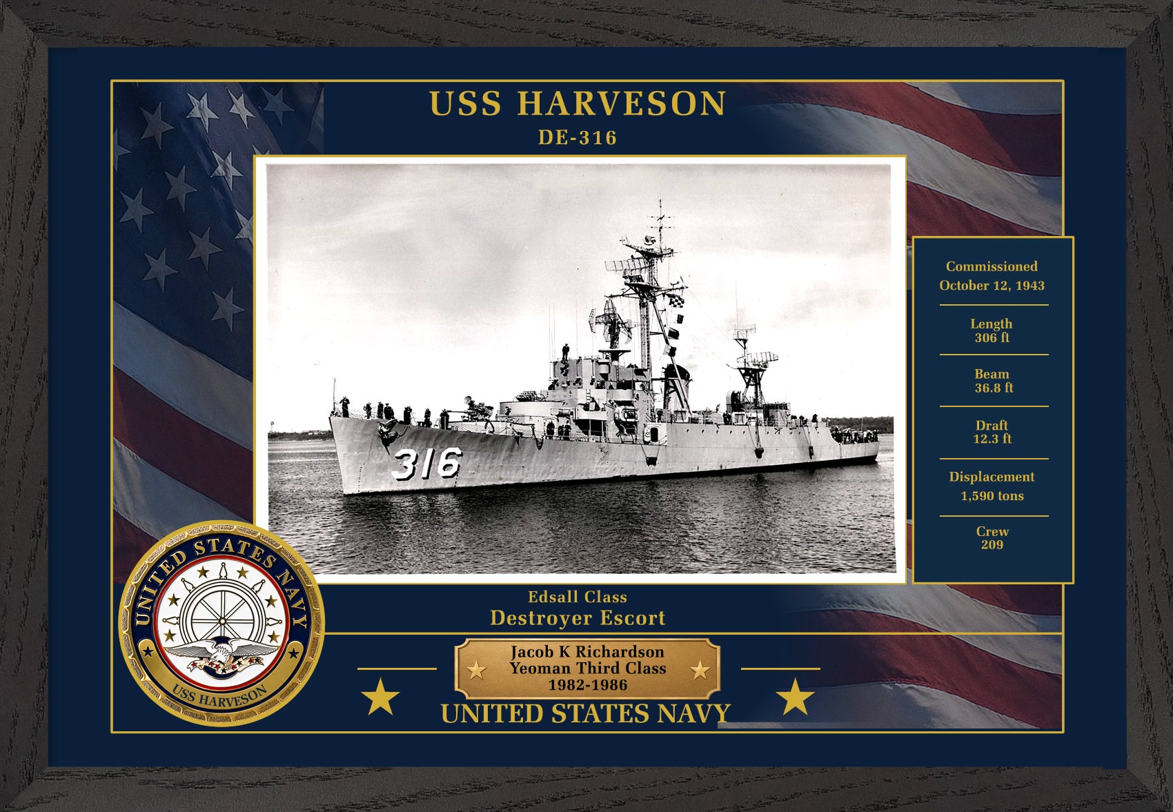 USS Harveson DE-316 Framed Patriotic Photo