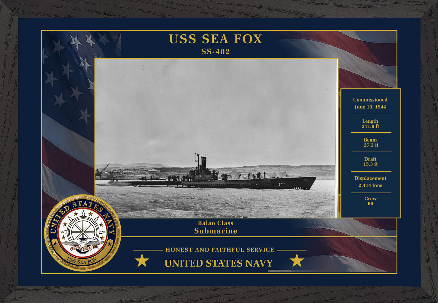 USS Sea Fox SS-402 Framed Patriotic Photo