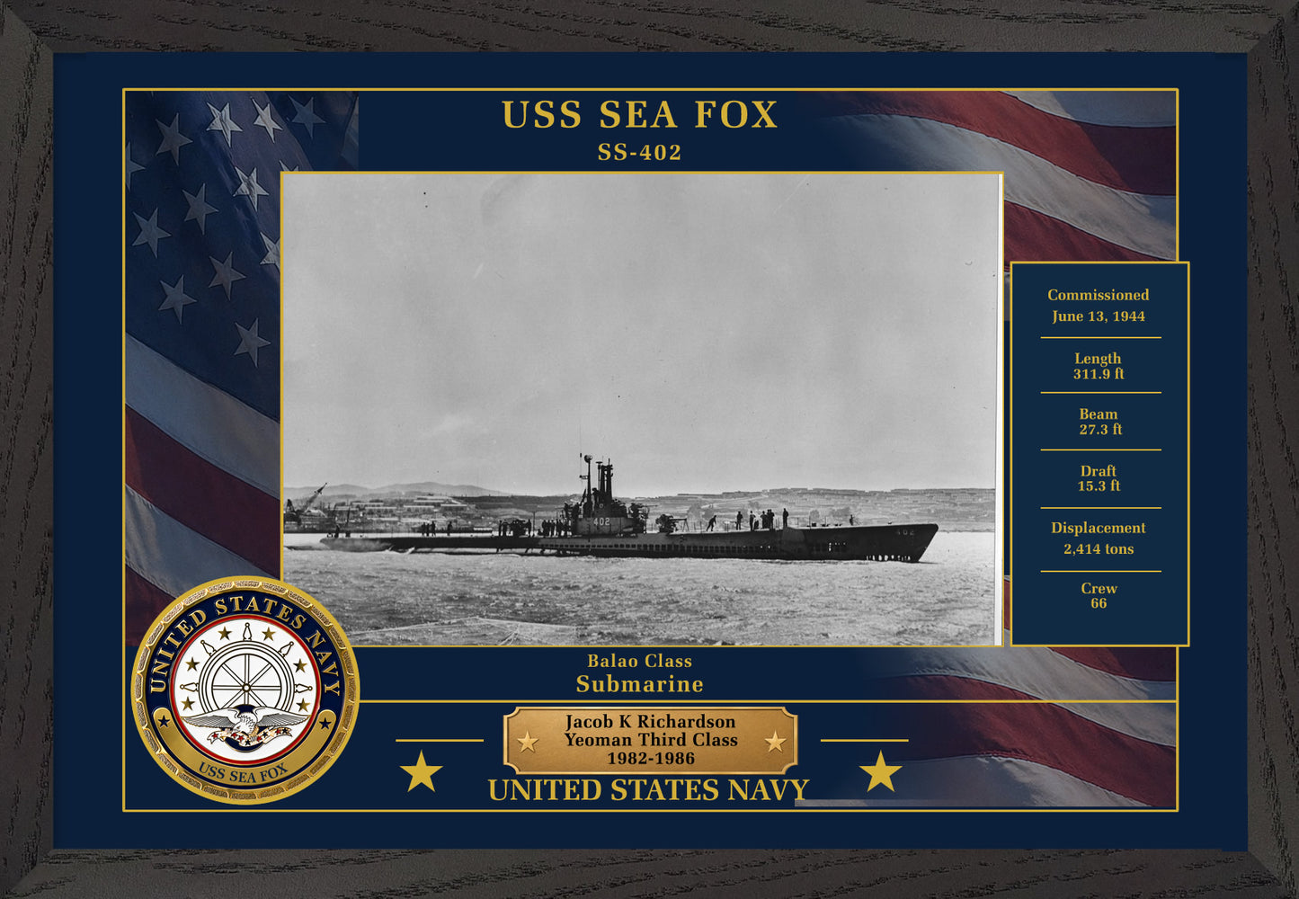 USS Sea Fox SS-402 Framed Patriotic Photo