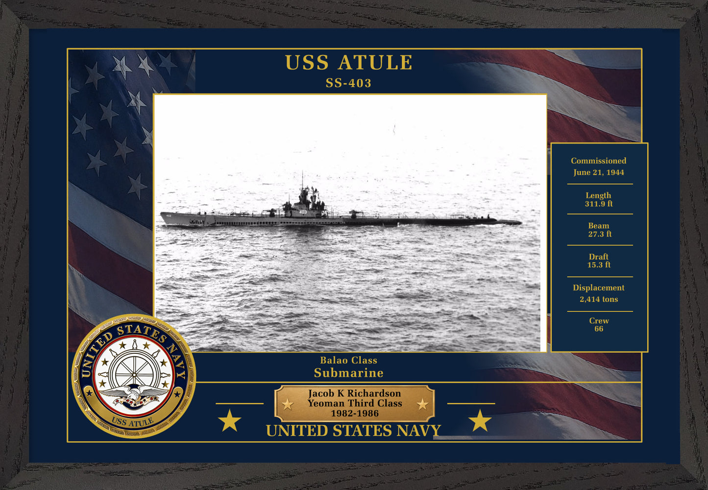 USS Atule SS-403 Framed Patriotic Photo