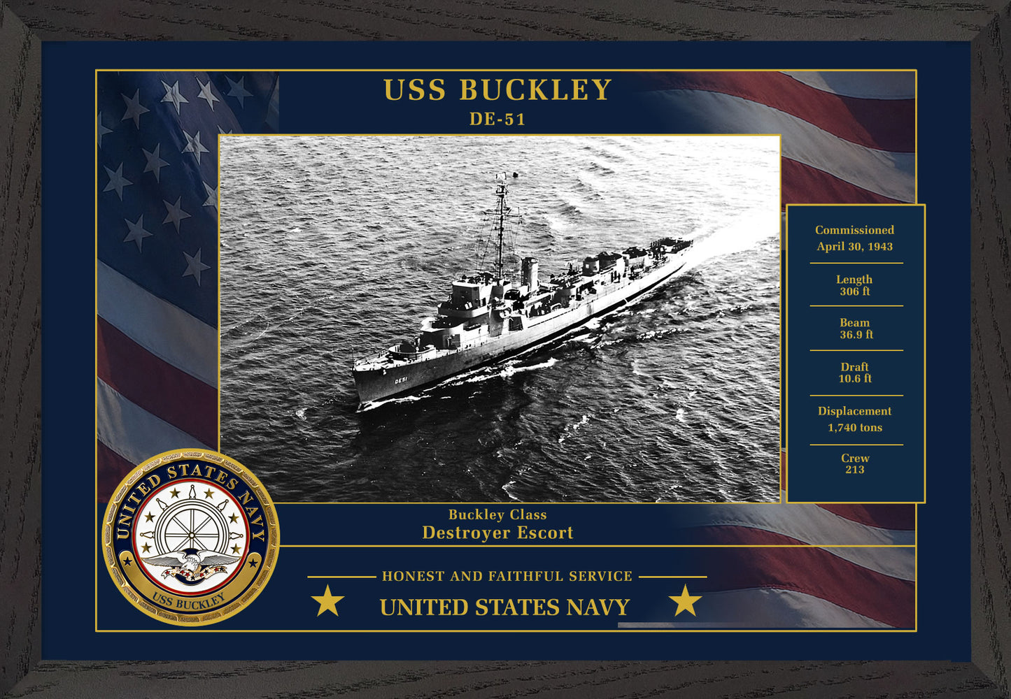 USS Buckley DE-51 Framed Patriotic Photo