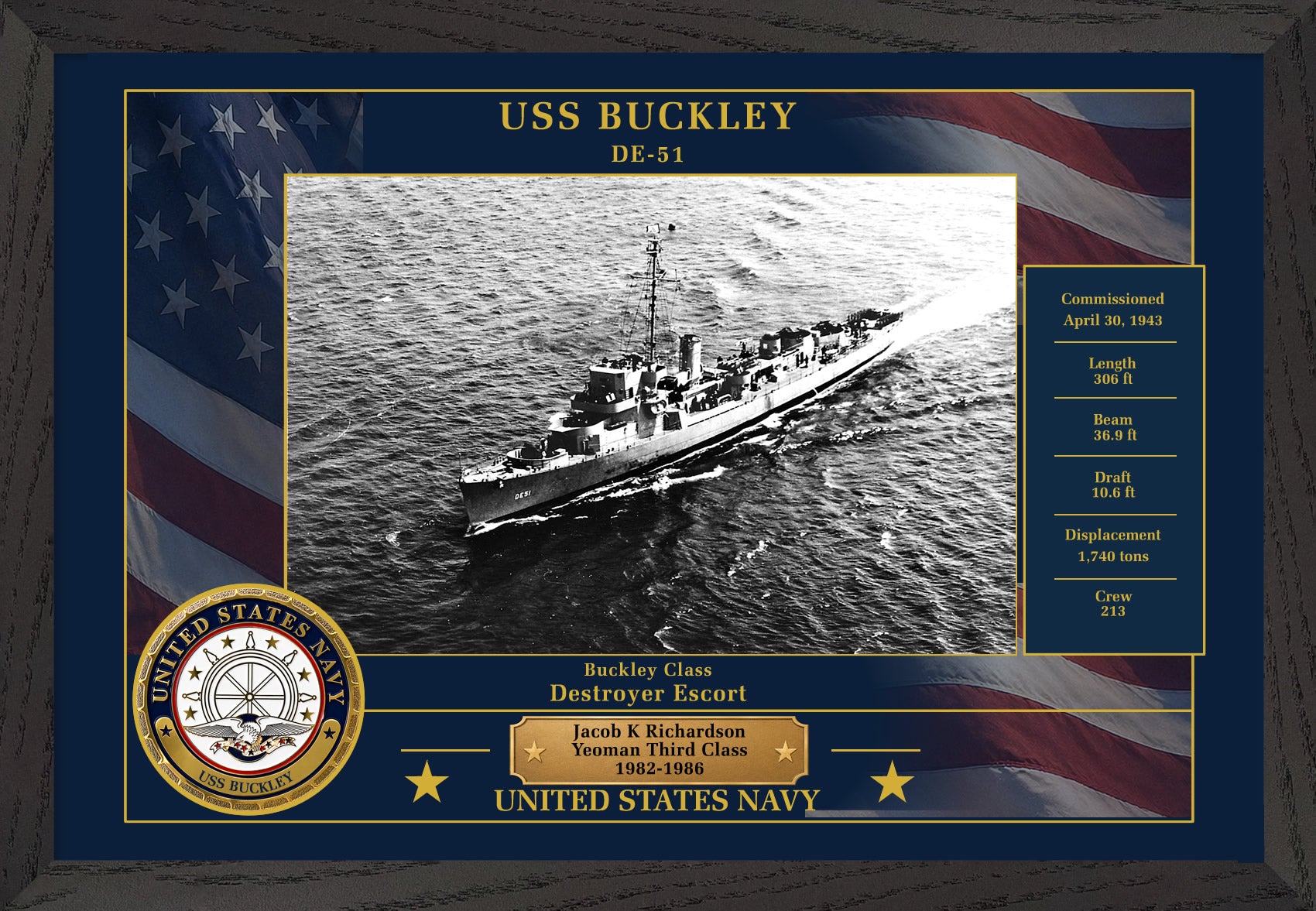 USS Buckley DE-51 Framed Patriotic Photo