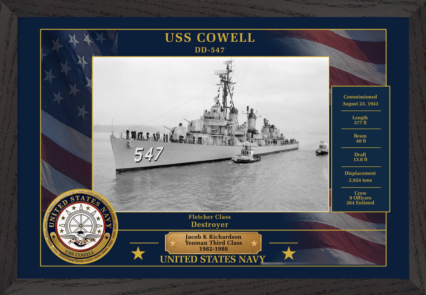 USS Cowell DD-547 Framed Patriotic Photo