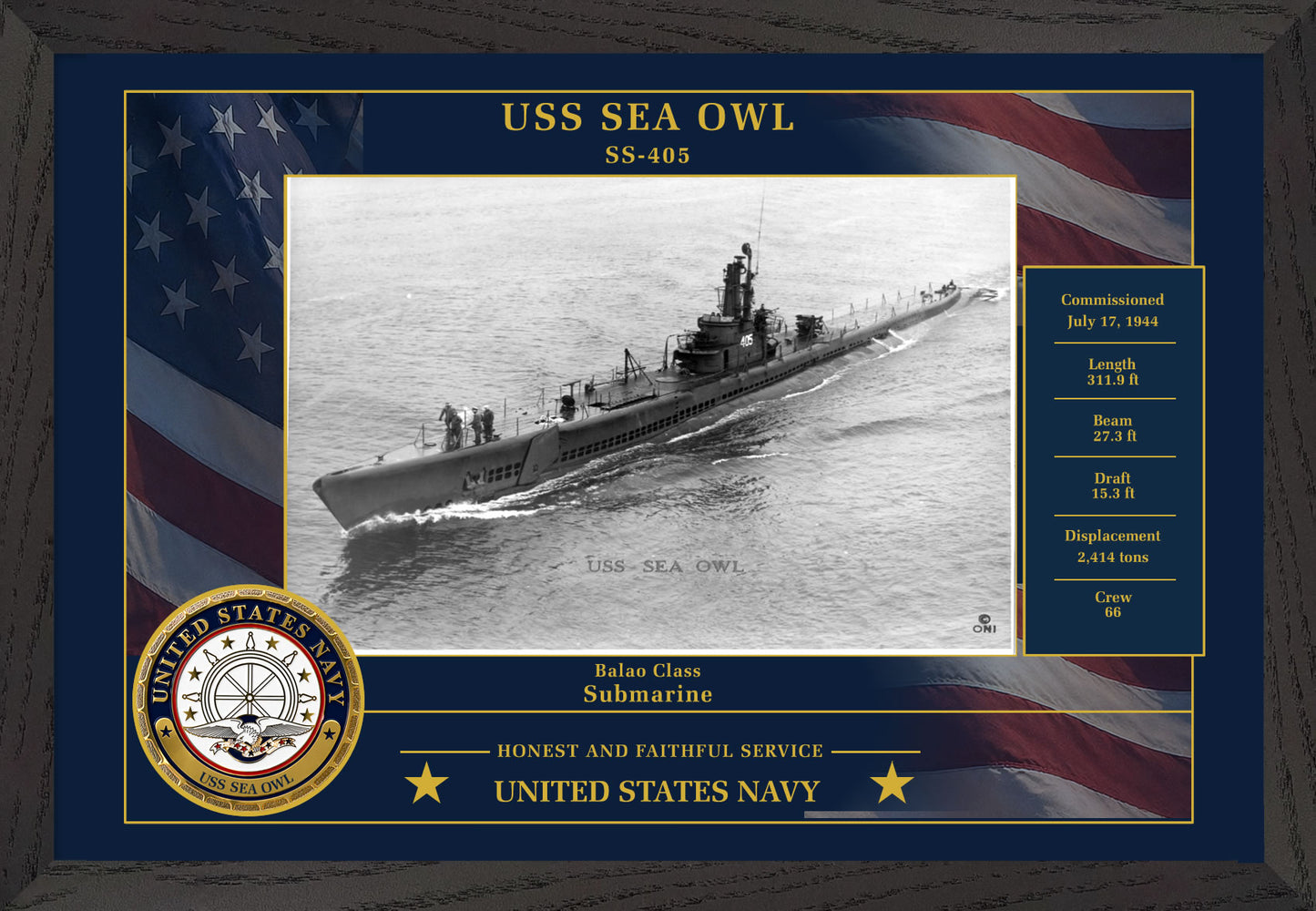 USS Sea Owl SS-405 Framed Patriotic Photo
