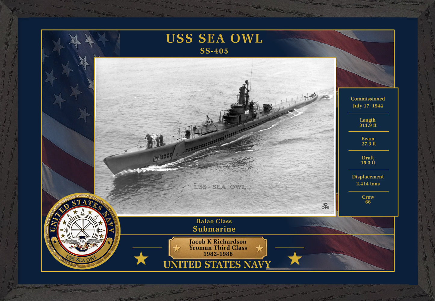 USS Sea Owl SS-405 Framed Patriotic Photo