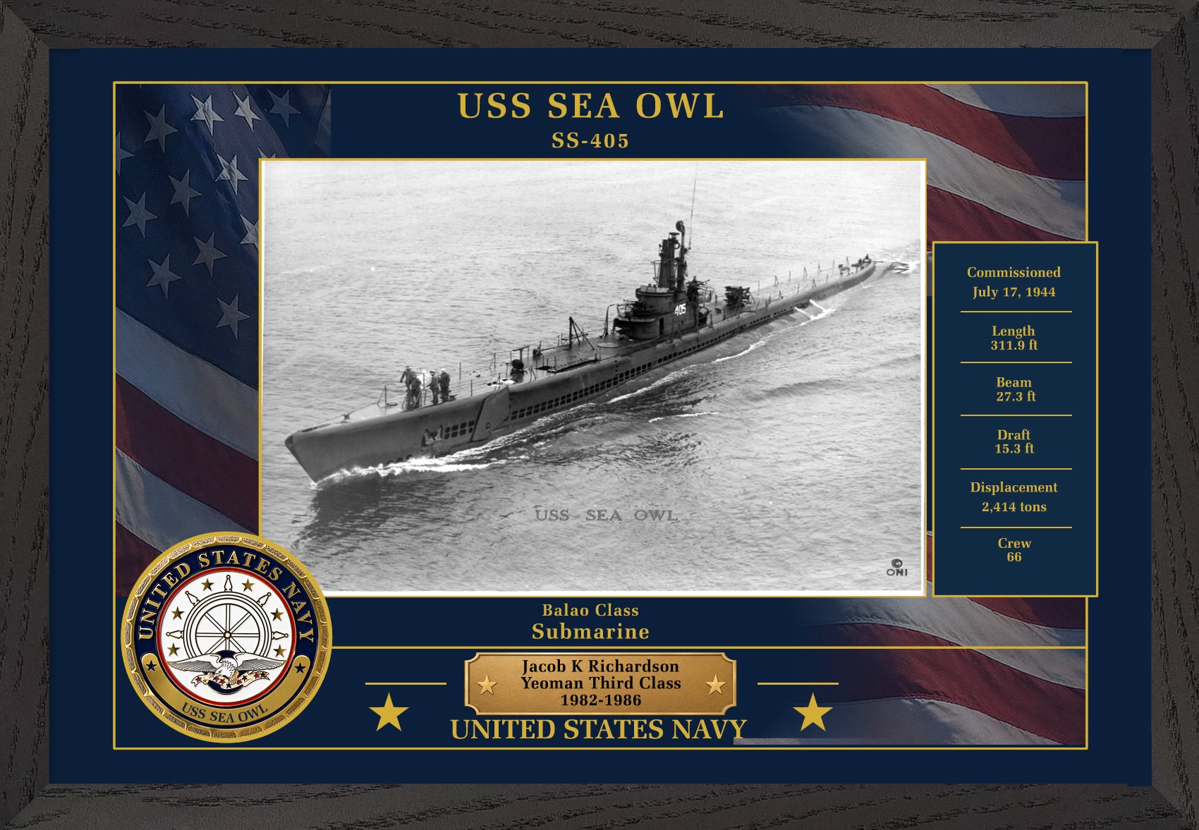 USS Sea Owl SS-405 Framed Patriotic Photo