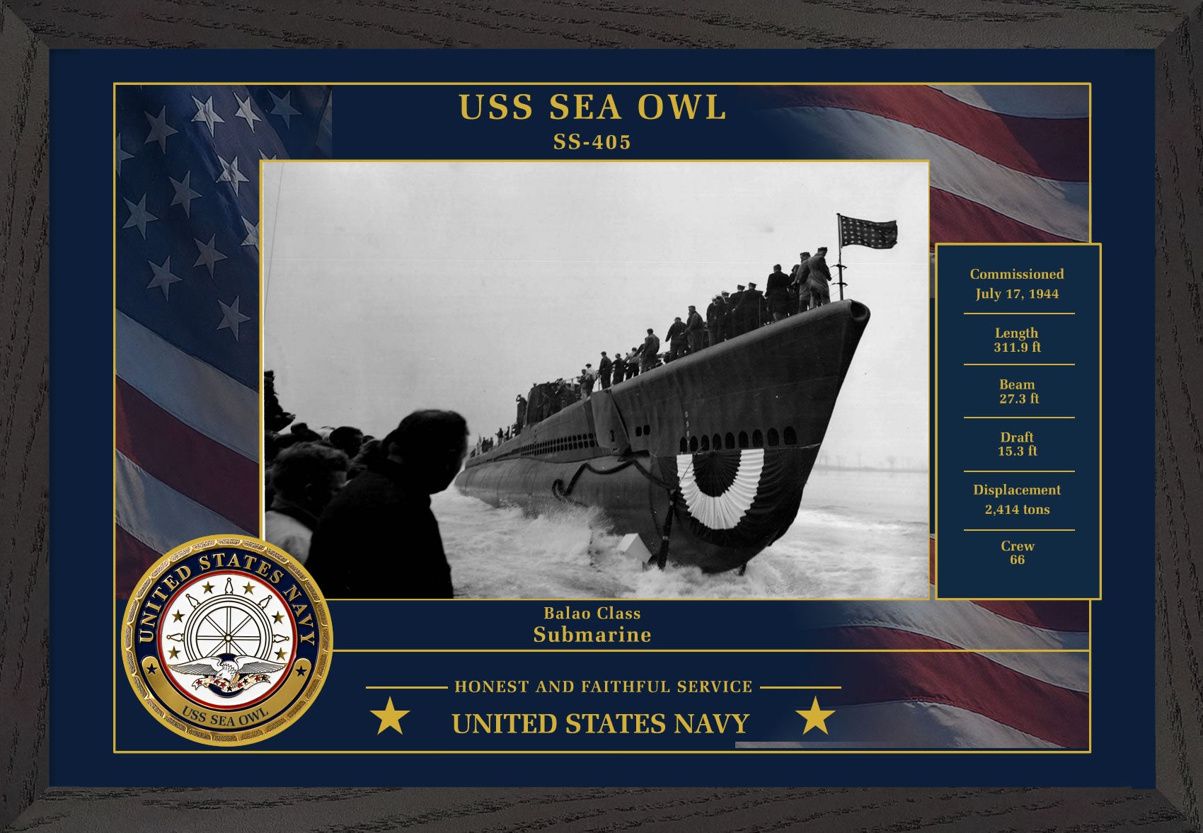 USS Sea Owl SS-405 Framed Patriotic Photo