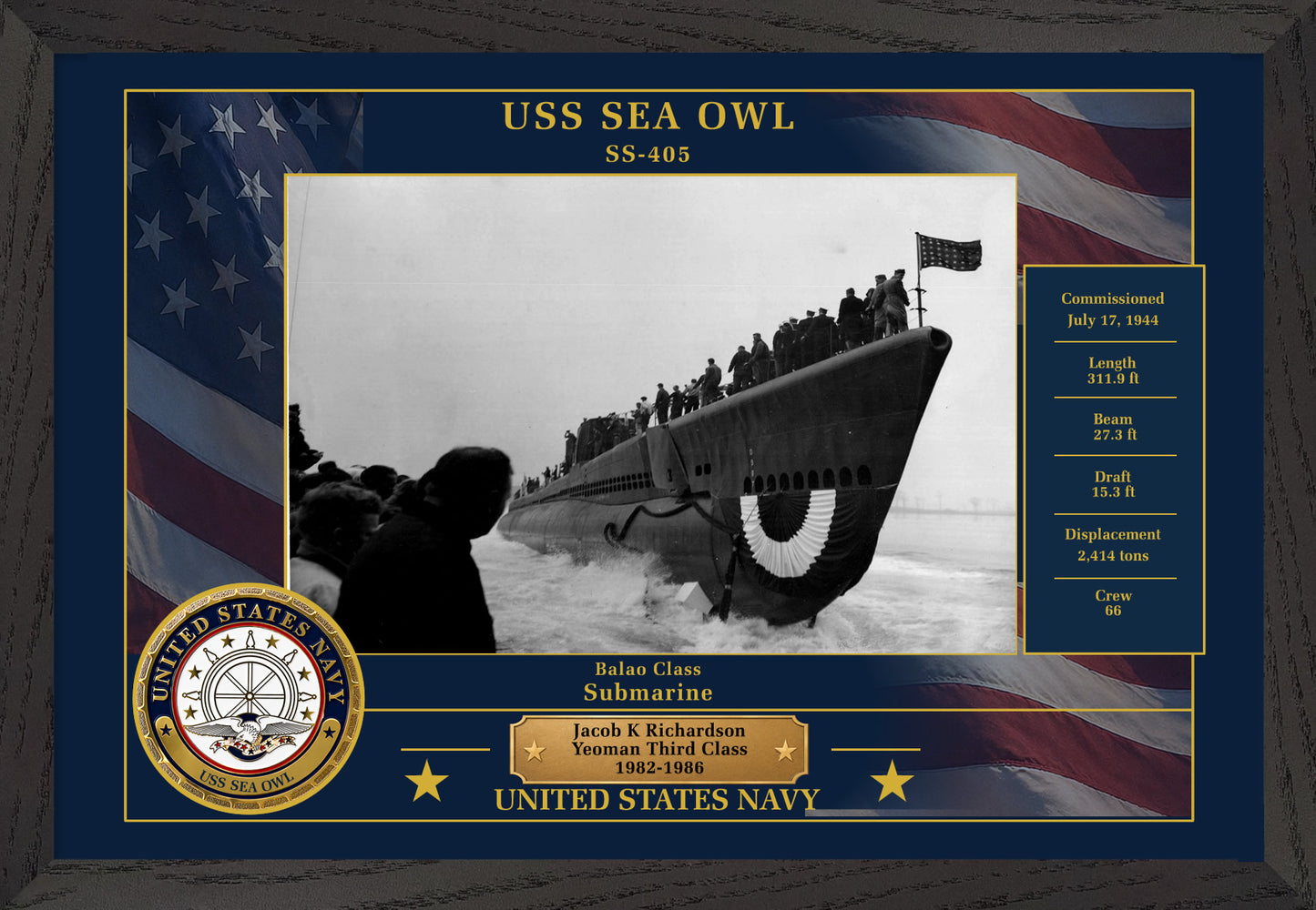 USS Sea Owl SS-405 Framed Patriotic Photo