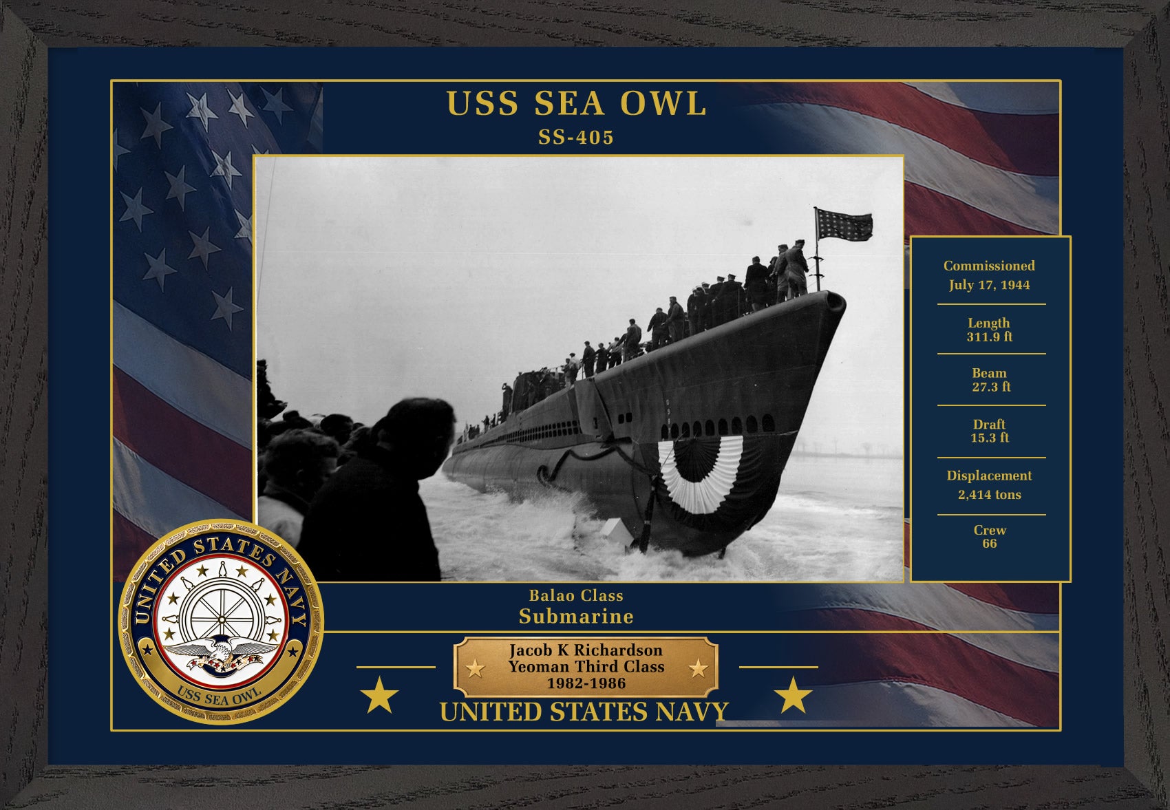 USS Sea Owl SS-405 Framed Patriotic Photo