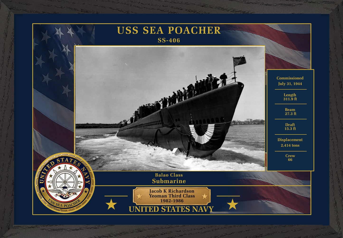 USS Sea Poacher SS-406 Framed Patriotic Photo