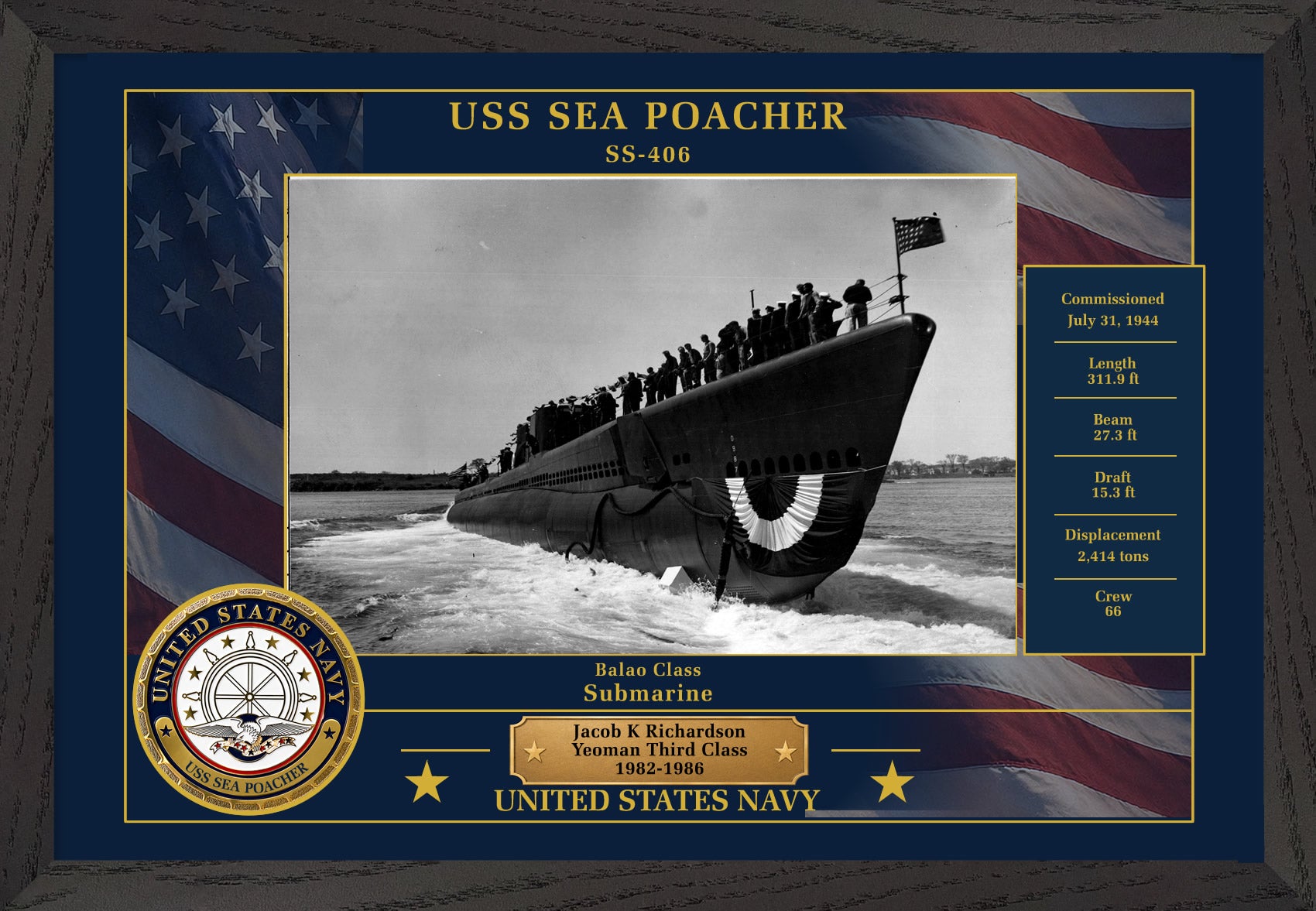 USS Sea Poacher SS-406 Framed Patriotic Photo