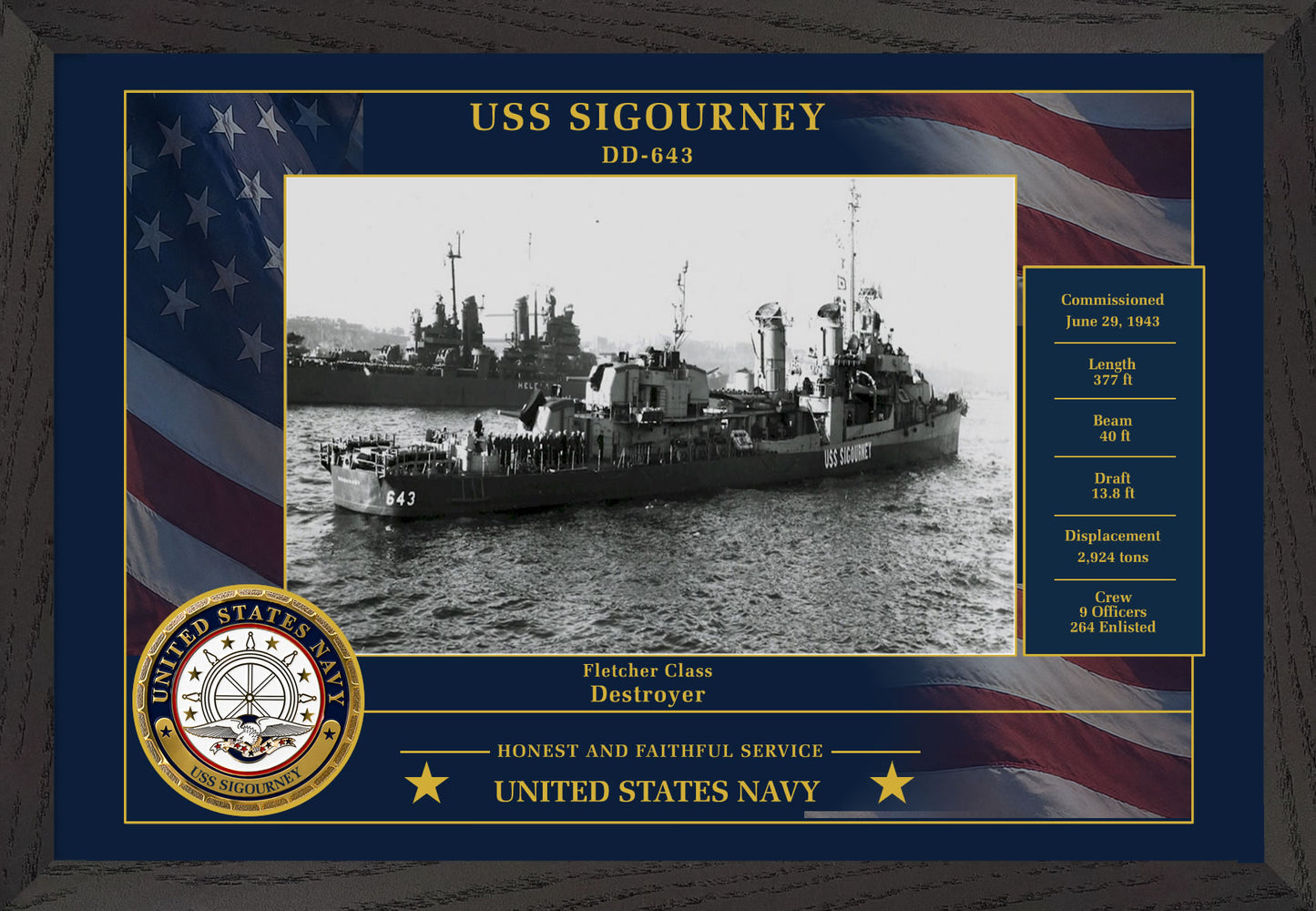 USS Sigourney DD-643 Framed Patriotic Photo