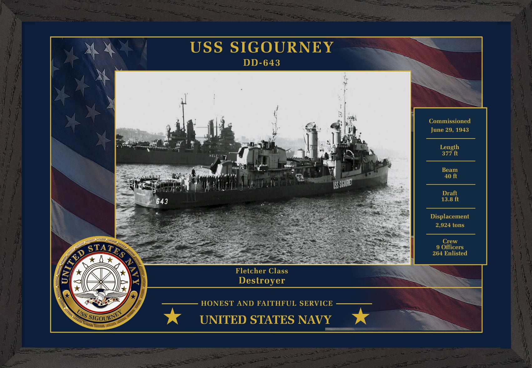 USS Sigourney DD-643 Framed Patriotic Photo
