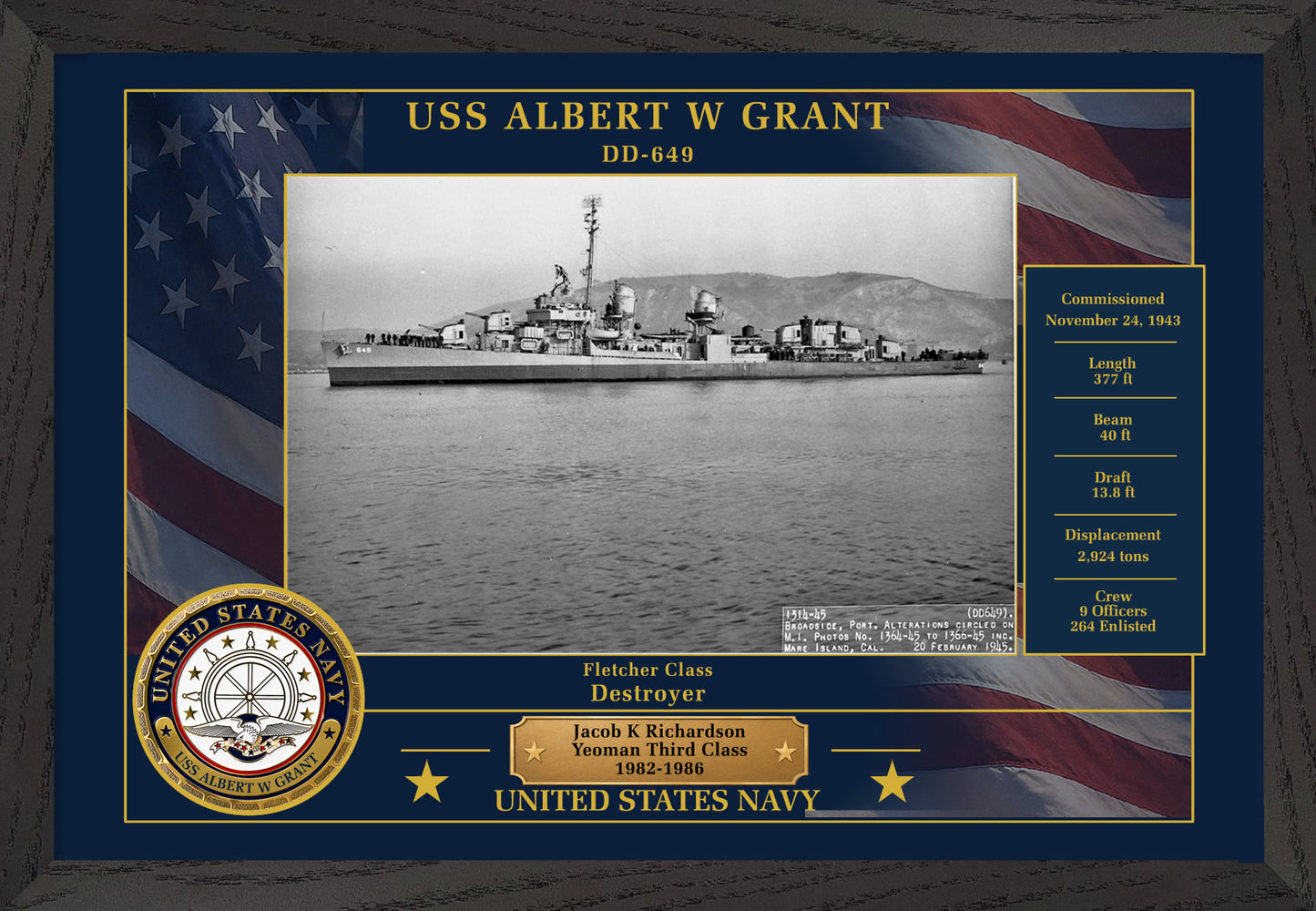 USS Albert W Grant DD-649 Framed Patriotic Photo