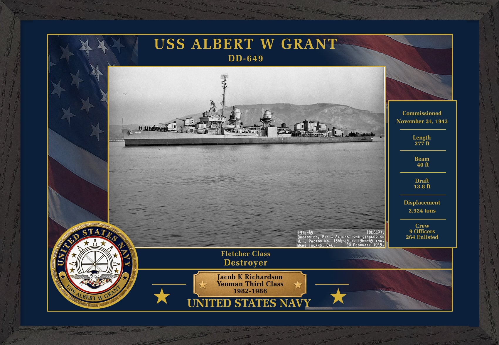 USS Albert W Grant DD-649 Framed Patriotic Photo