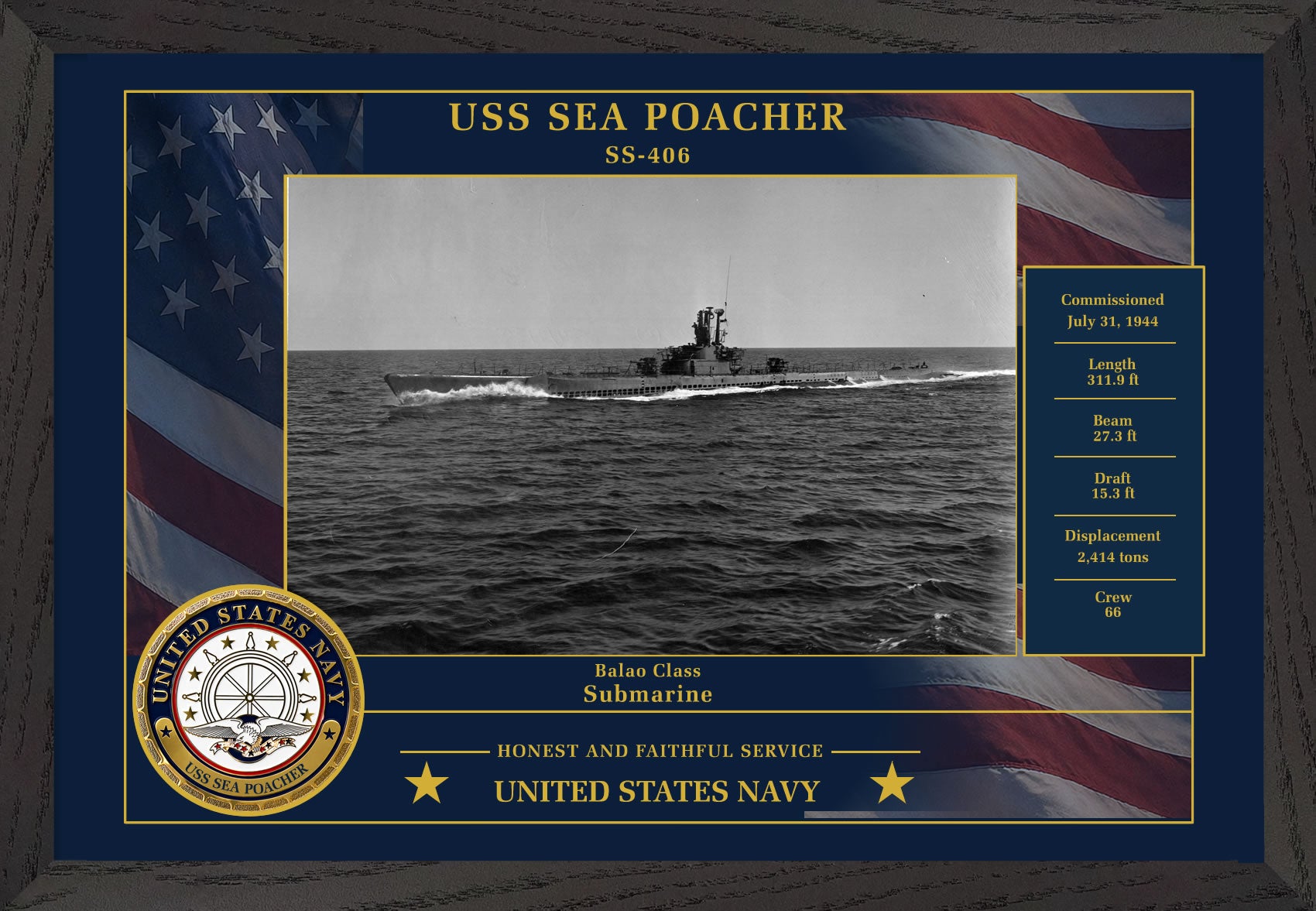 USS Sea Poacher SS-406 Framed Patriotic Photo