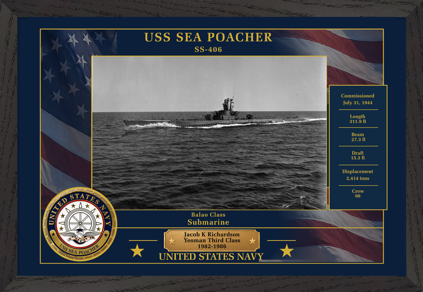 USS Sea Poacher SS-406 Framed Patriotic Photo