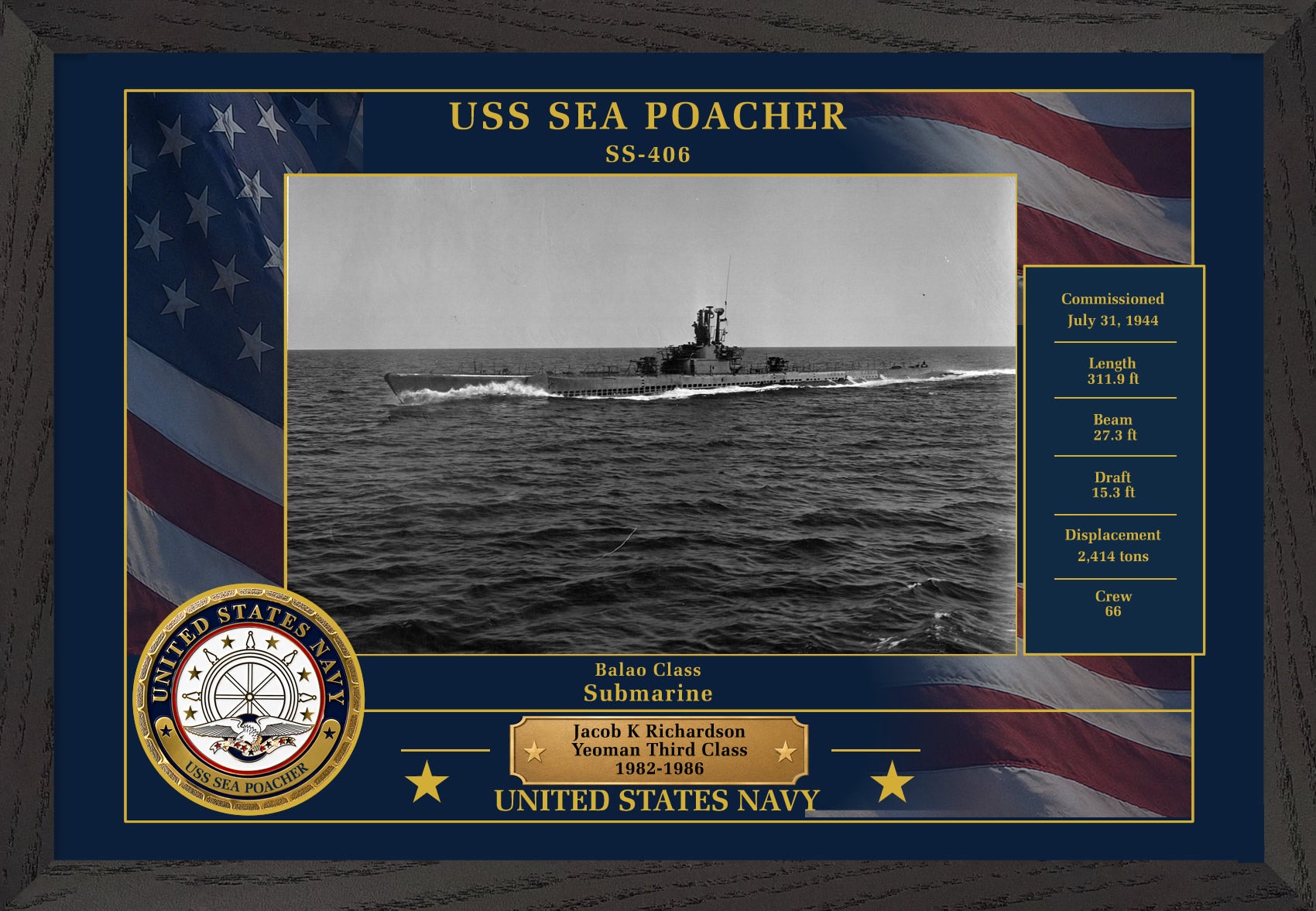 USS Sea Poacher SS-406 Framed Patriotic Photo