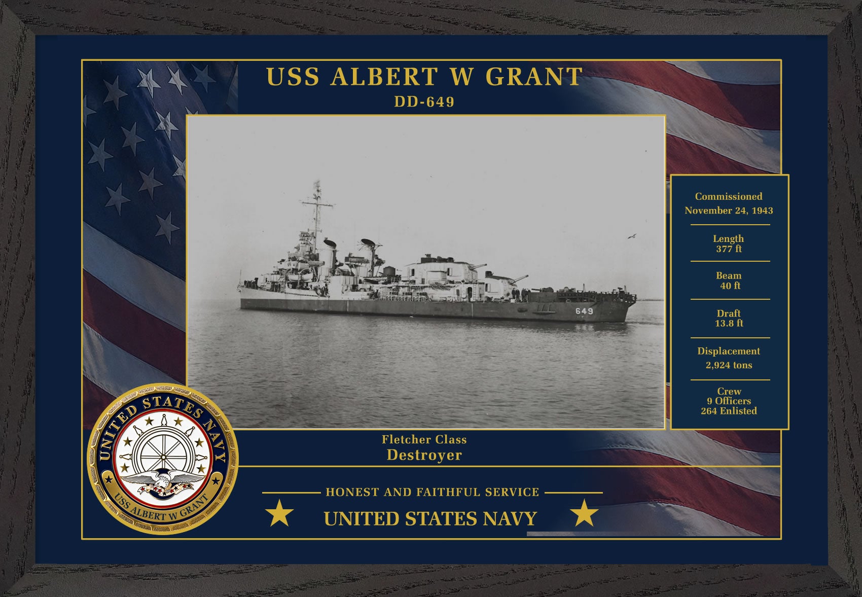 USS Albert W Grant DD-649 Framed Patriotic Photo