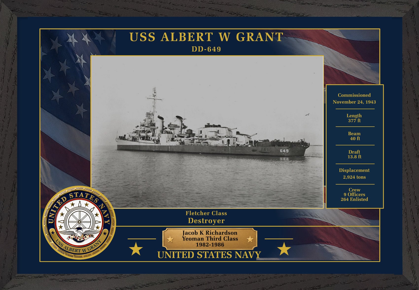 USS Albert W Grant DD-649 Framed Patriotic Photo
