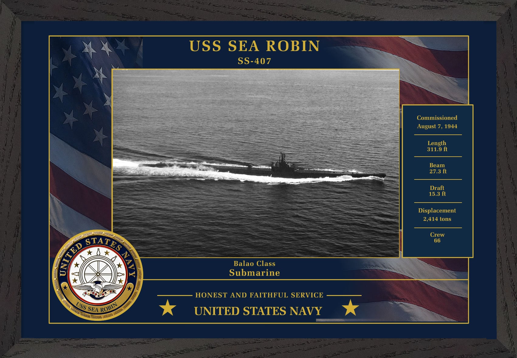 USS Sea Robin SS-407 Framed Patriotic Photo