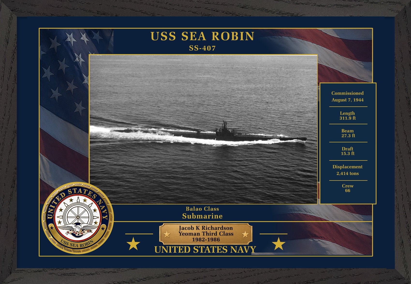 USS Sea Robin SS-407 Framed Patriotic Photo