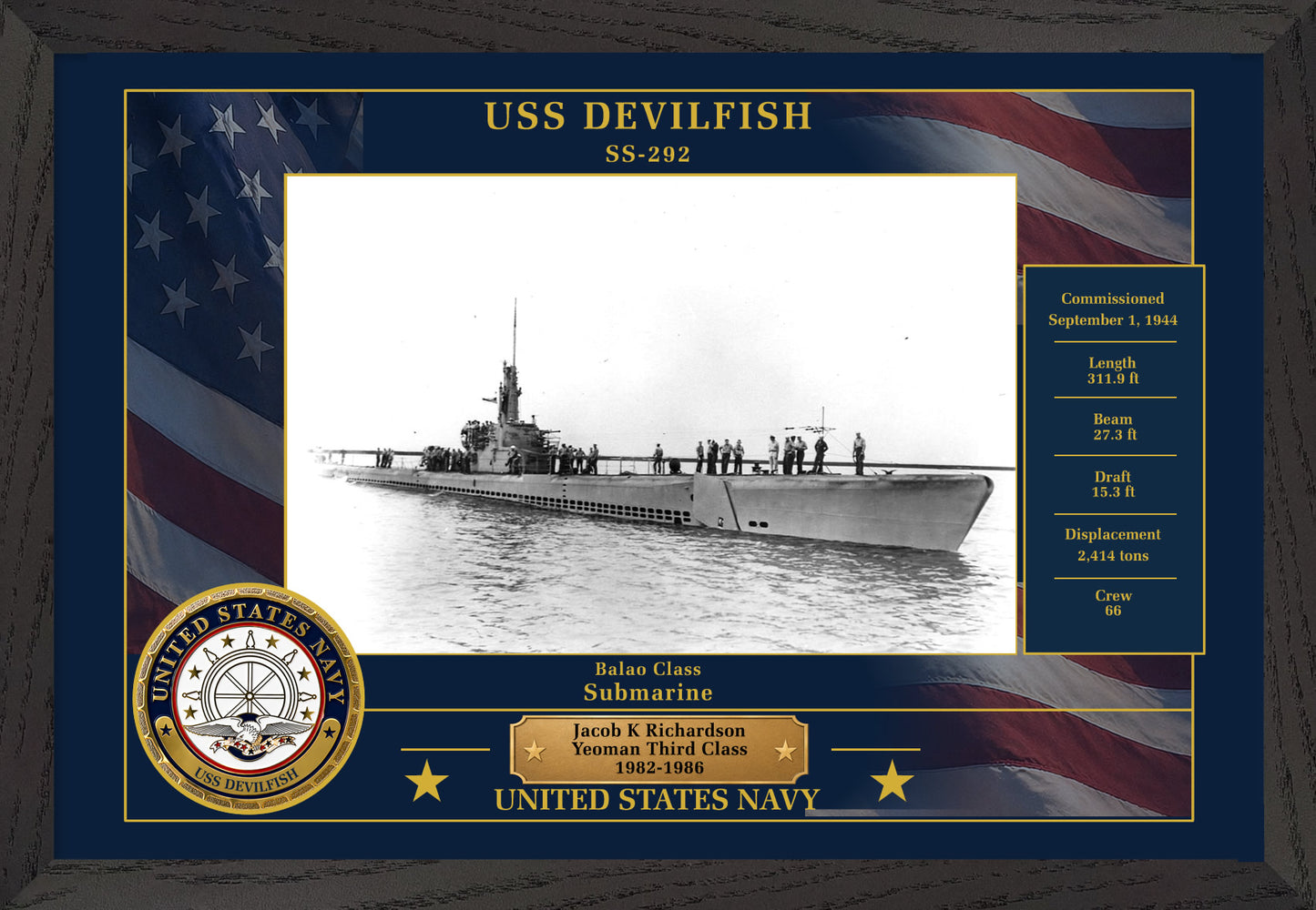 USS Devilfish SS-292 Framed Patriotic Photo