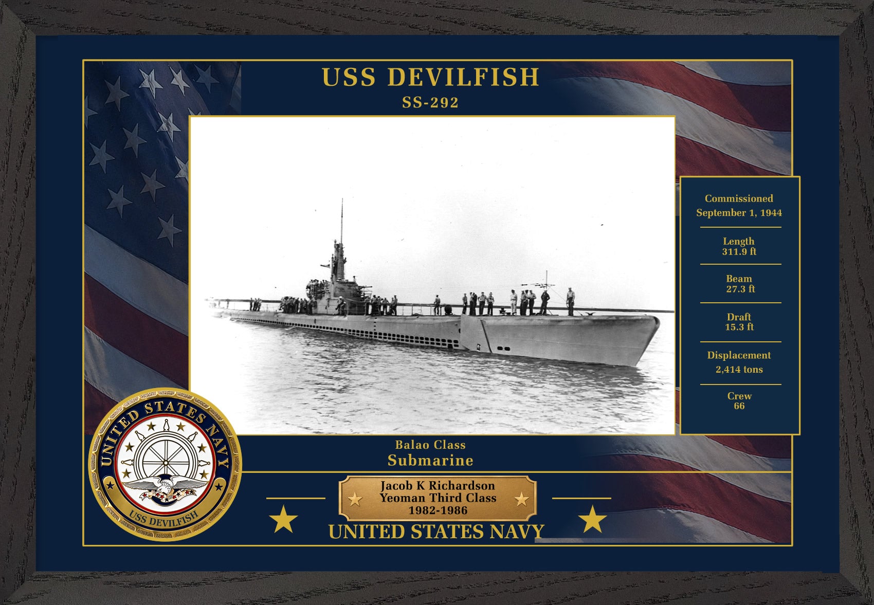 USS Devilfish SS-292 Framed Patriotic Photo