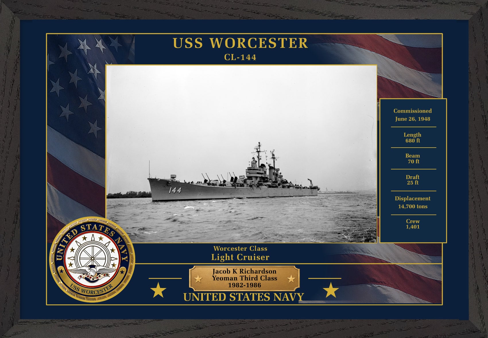 USS Worcester CL-144 Framed Patriotic Photo