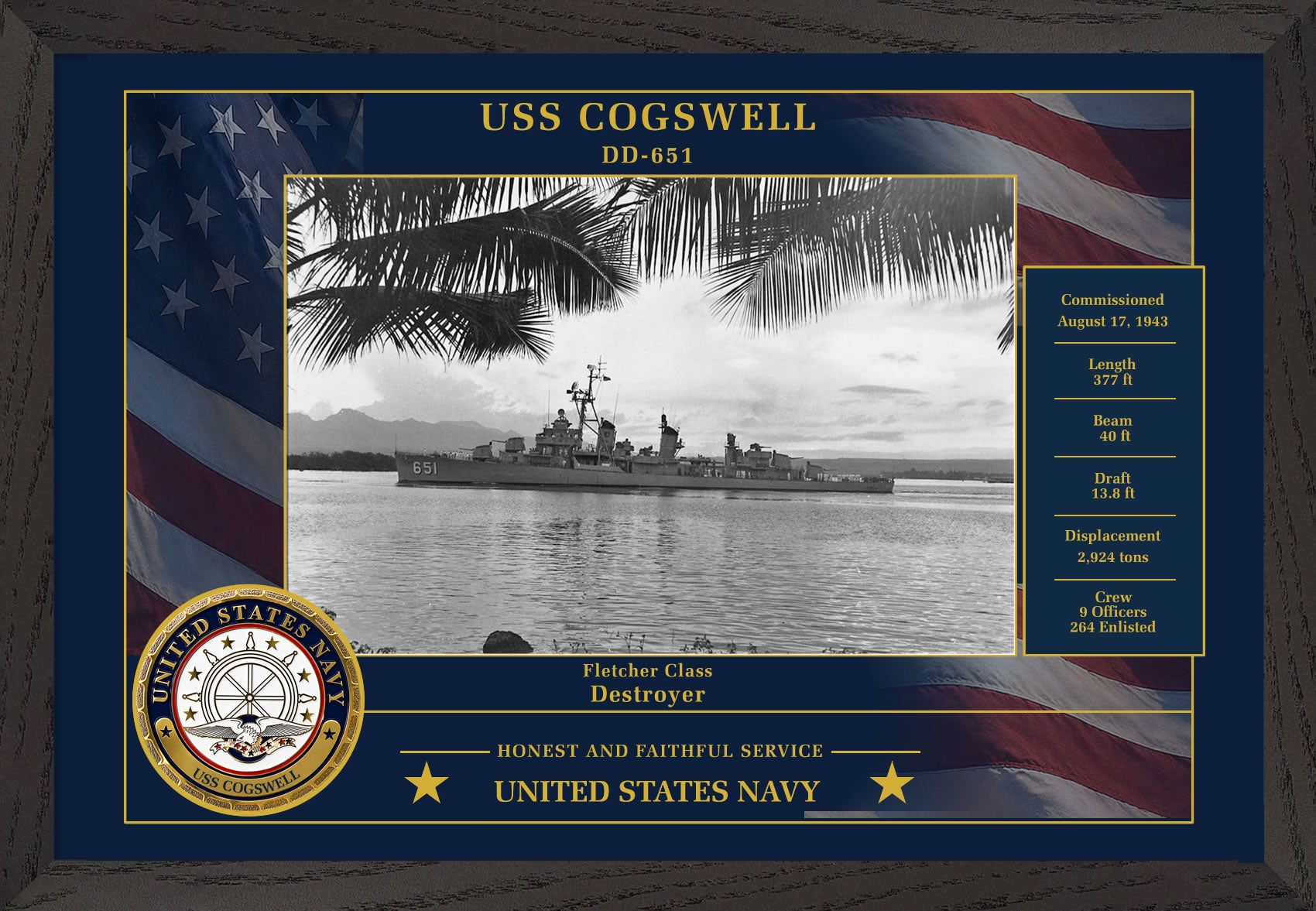 USS Cogswell DD-651 Framed Patriotic Photo