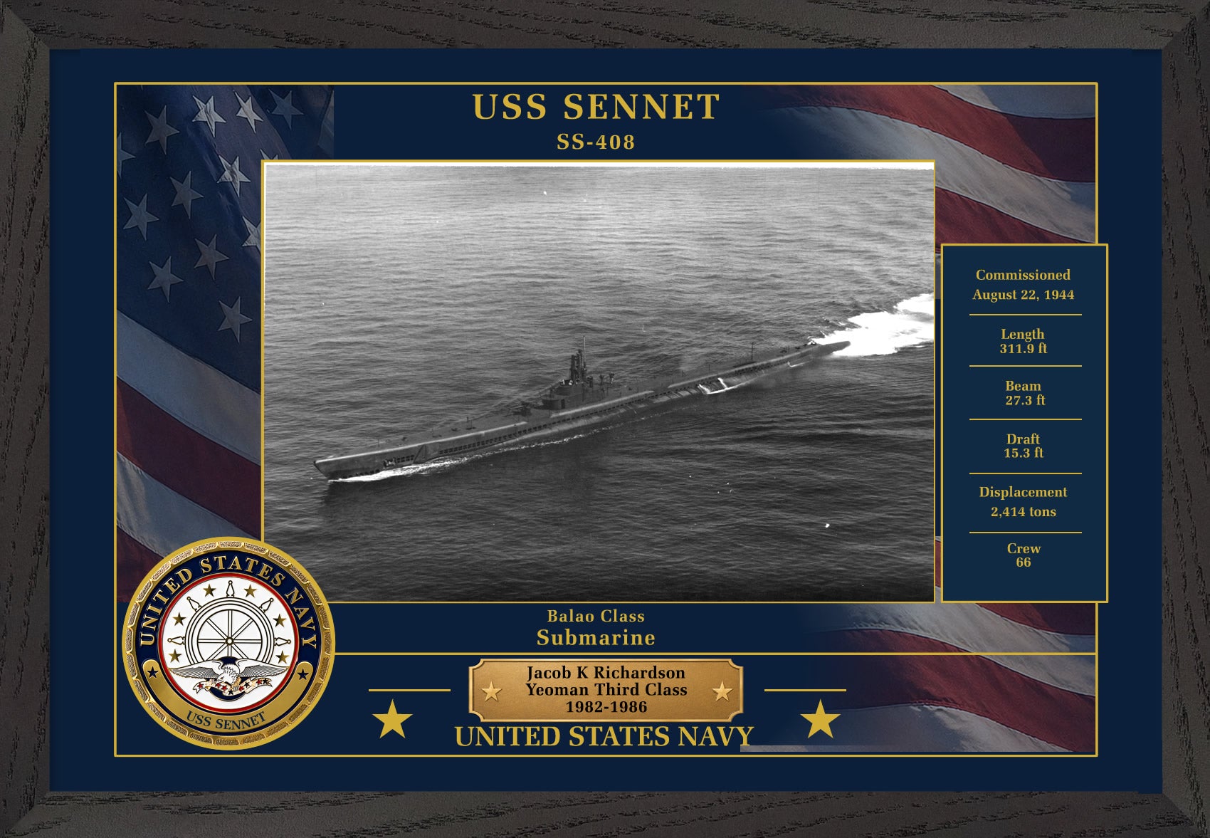 USS Sennet SS-408 Framed Patriotic Photo