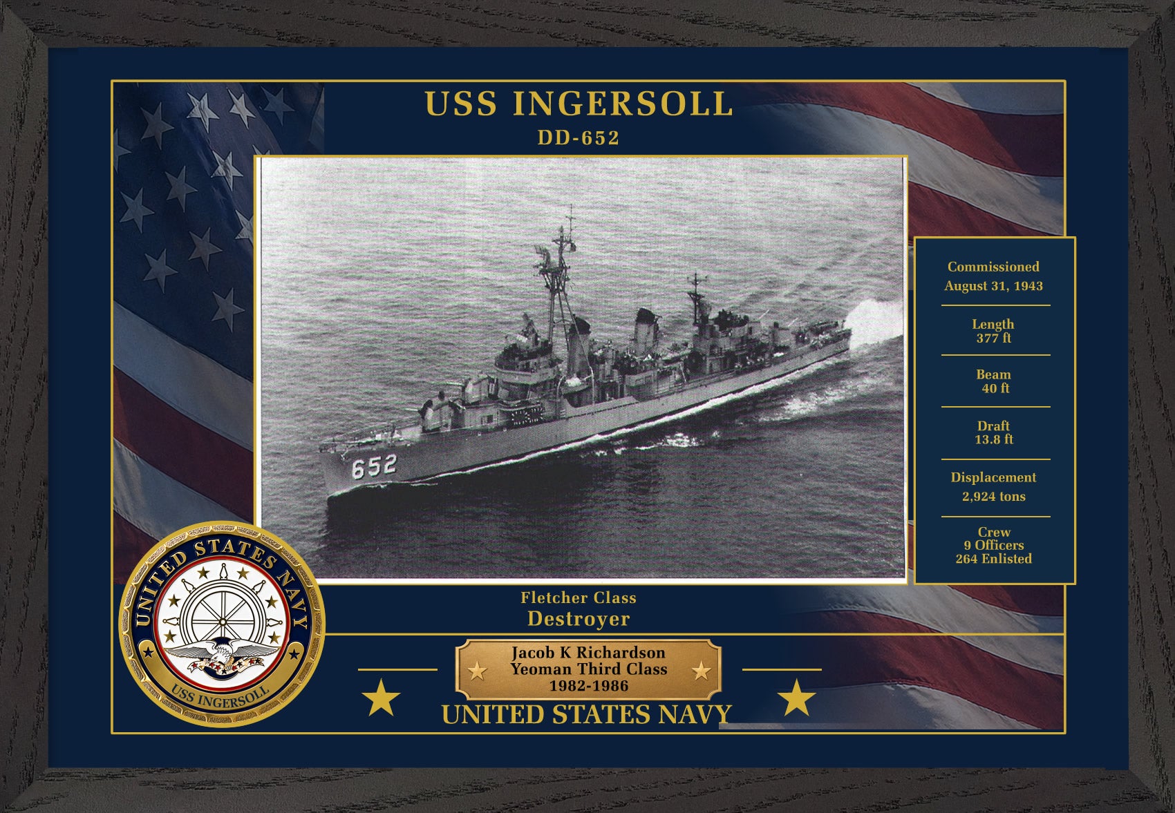 USS Ingersoll DD-652 Framed Patriotic Photo