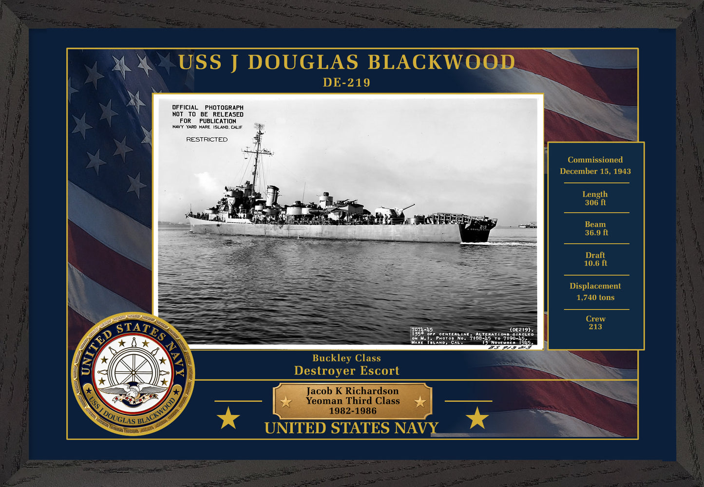 USS J Douglas Blackwood DE-219 Framed Patriotic Photo