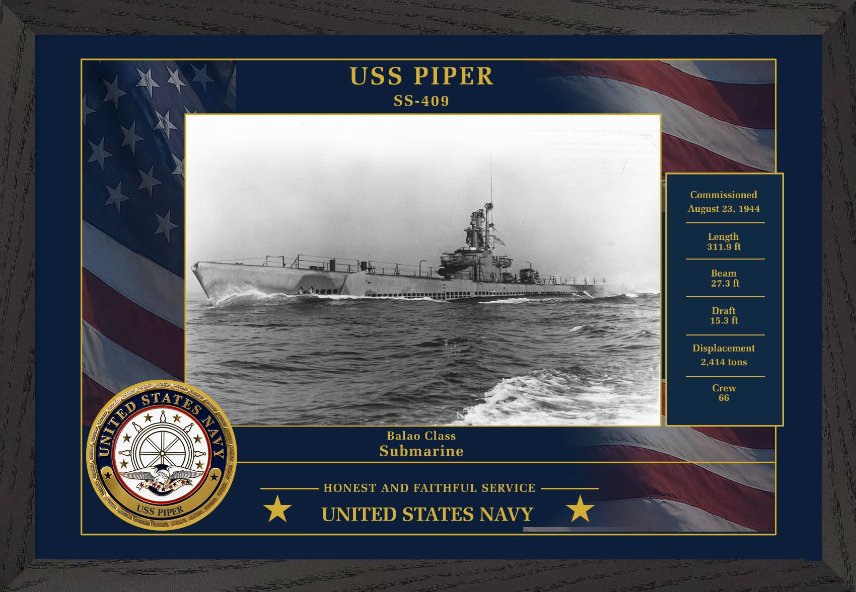 USS Piper SS-409 Framed Patriotic Photo