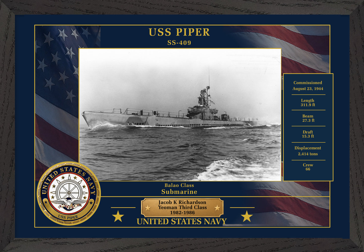 USS Piper SS-409 Framed Patriotic Photo