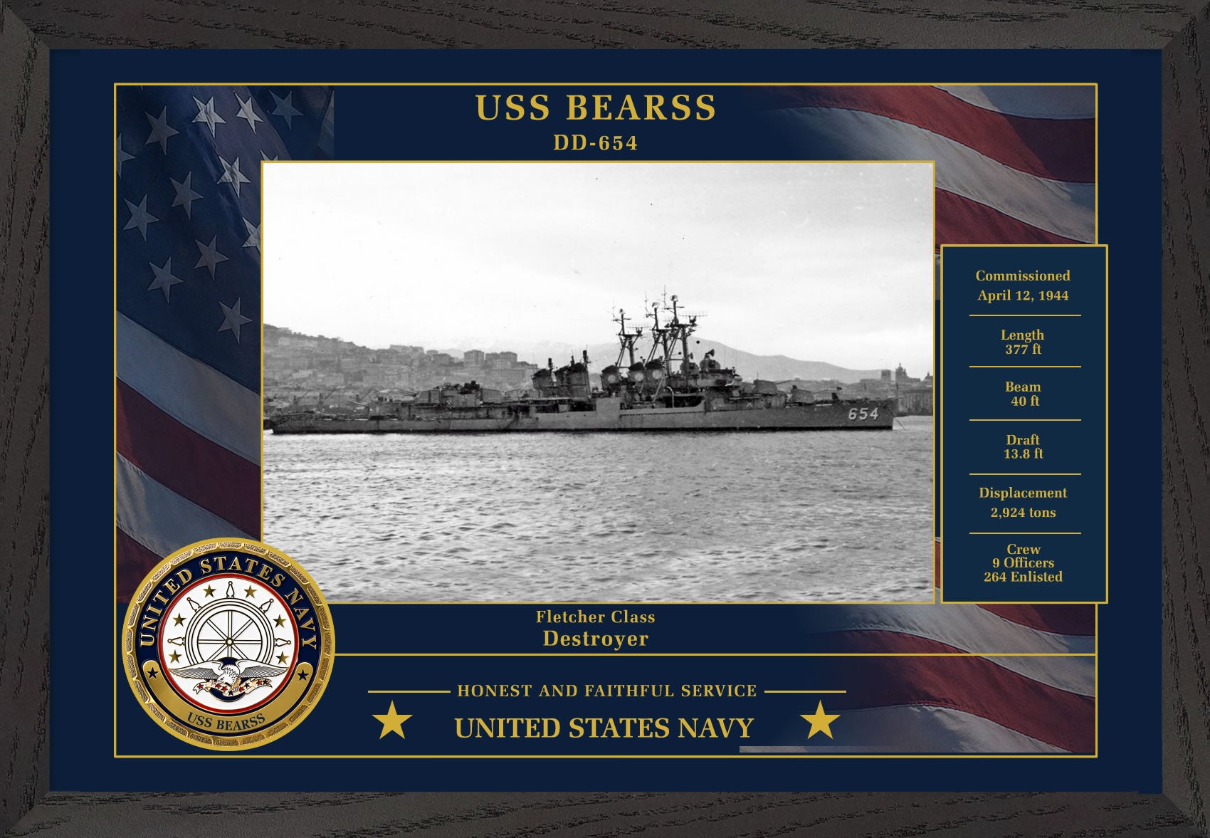 USS Bearss DD-654 Framed Patriotic Photo